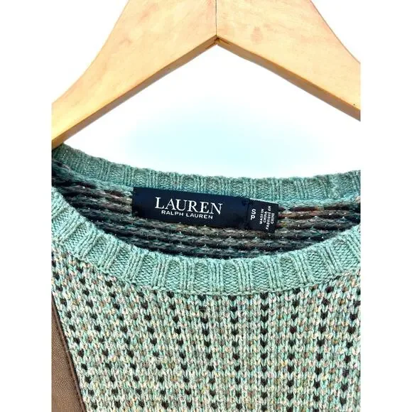 Ralph Lauren Wool Knit Sweater Faux Leather Green Brown Jumper Small Equestrian - Picture 3 of 8